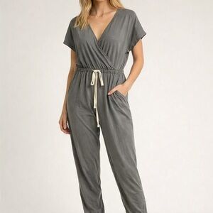 Womens Green Grey Short Sleeve V Neck Wrap Jumpsuit with Drawstring Size Small